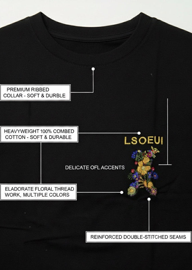 BLACK Floral Embroidered T-Shirt (LSOEUI)