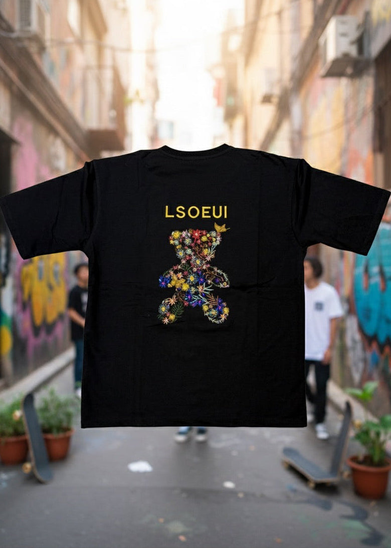 BLACK Floral Embroidered T-Shirt (LSOEUI)