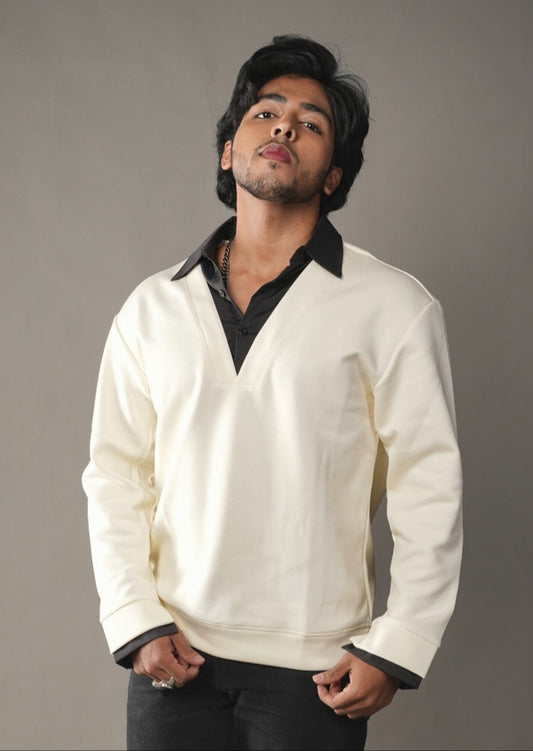 OFF - WHITE MENS V NECK SHIRT WITH BLACK LAYERED INNER