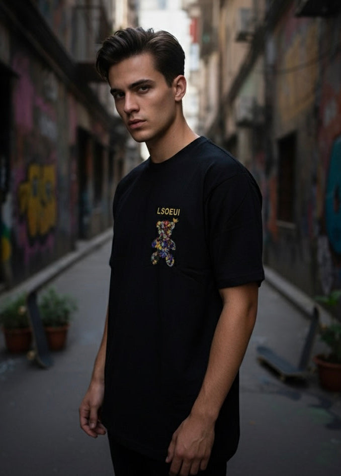 BLACK Floral Embroidered T-Shirt (LSOEUI)