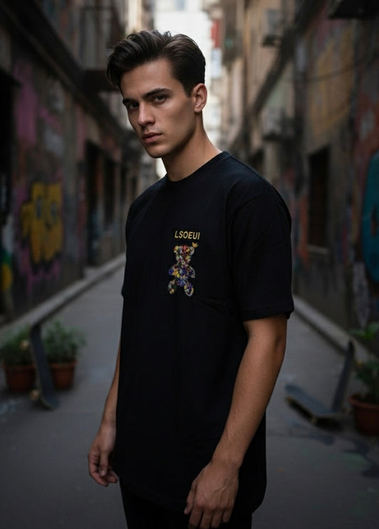 BLACK Floral Embroidered T-Shirt (LSOEUI)