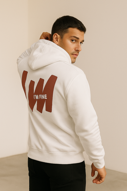 WHITE GRAPHIC HOODIE - I'M FINE BOLD TYPOGRAPHY BLACK PRINT