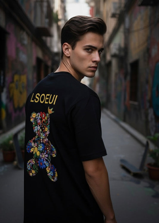 BLACK Floral Embroidered T-Shirt (LSOEUI)