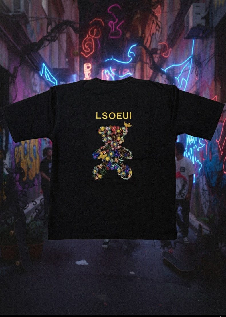 BLACK Floral Embroidered T-Shirt (LSOEUI)